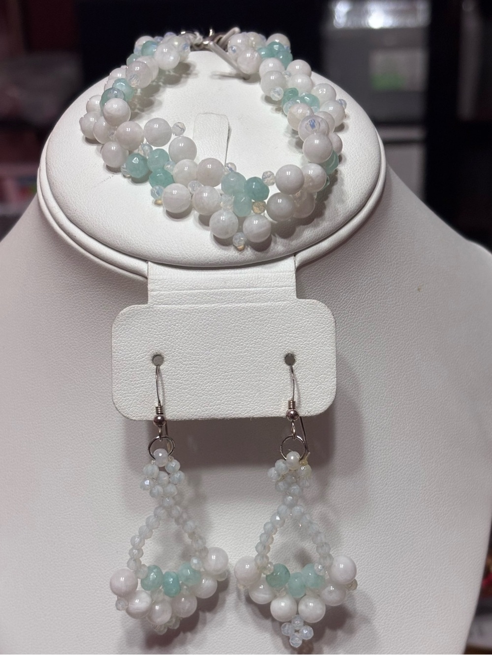 White moonstone beaded bracelet and earrings set with aquamarine jade accents